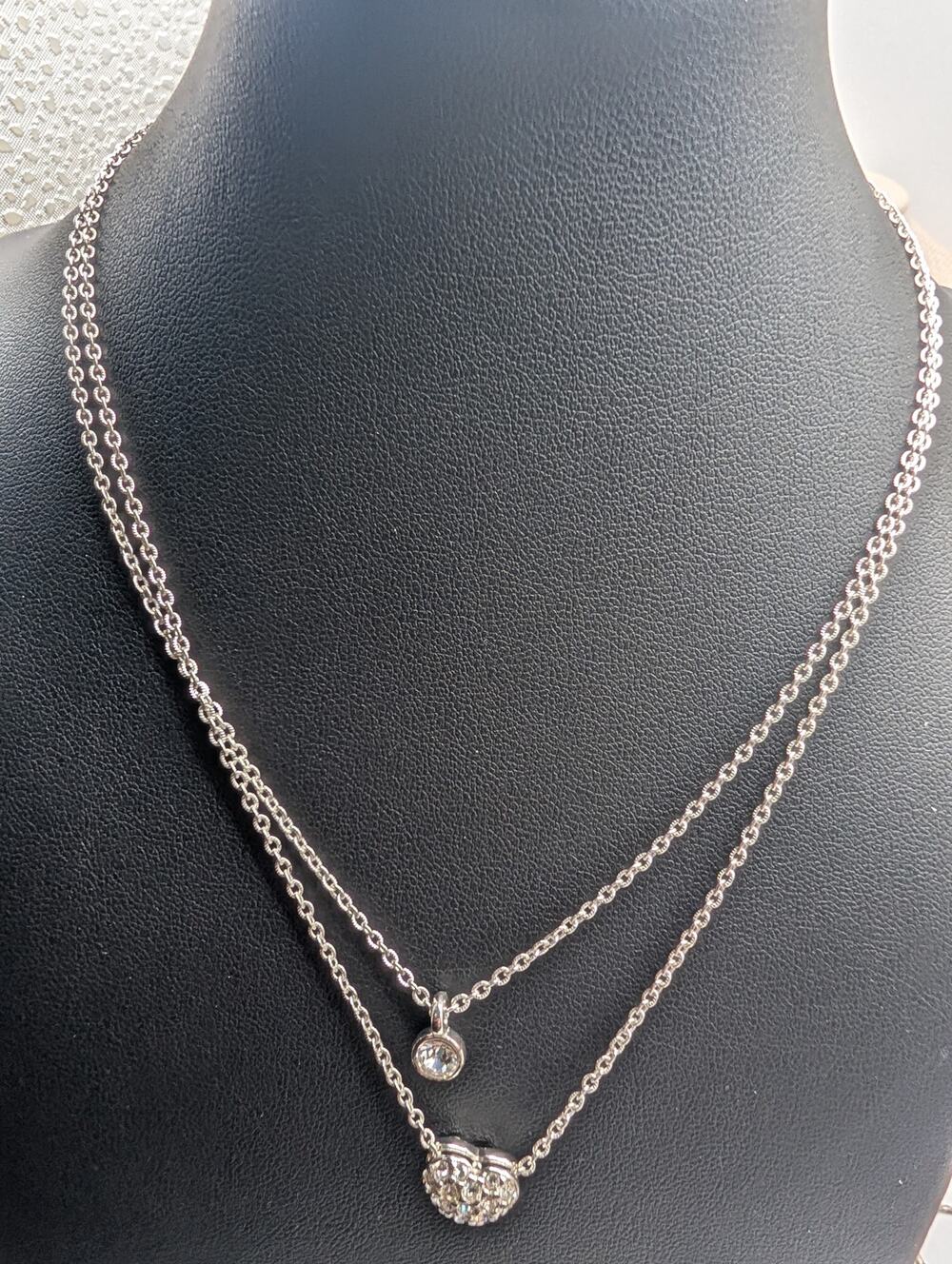 Swarovski Silver Tone Layered Necklace with Clear Crystal Heart & Solitaire